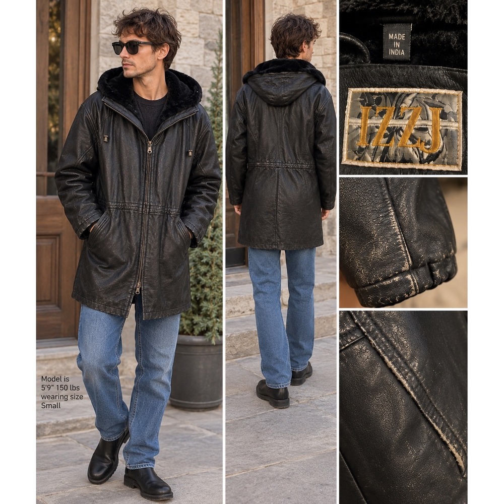 Vintage 90s IZZI Men's Small Black Leather Hooded Coat Faux Fur Y2K